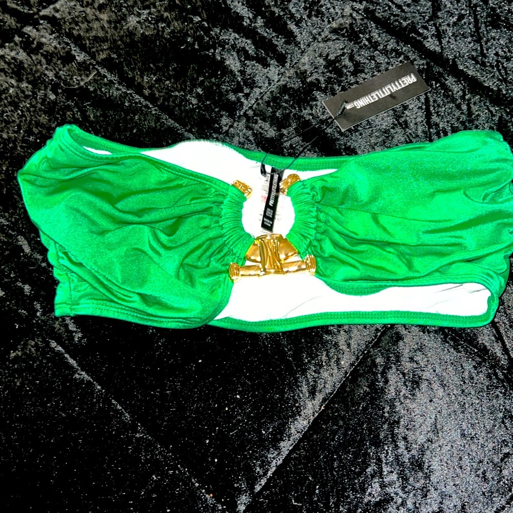 Green Hammered Trim Bandeau Bikini Top